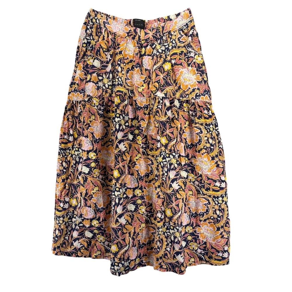 Tahari Med Linen Midi Skirt Navy Floral Paisley Boho Flowy Festival‎ Feminine